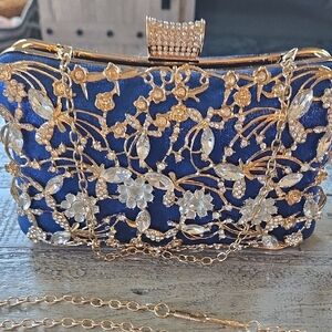 Luxurious Gold and Royal Blue Floral Clutch With Crystal and Rhinestones